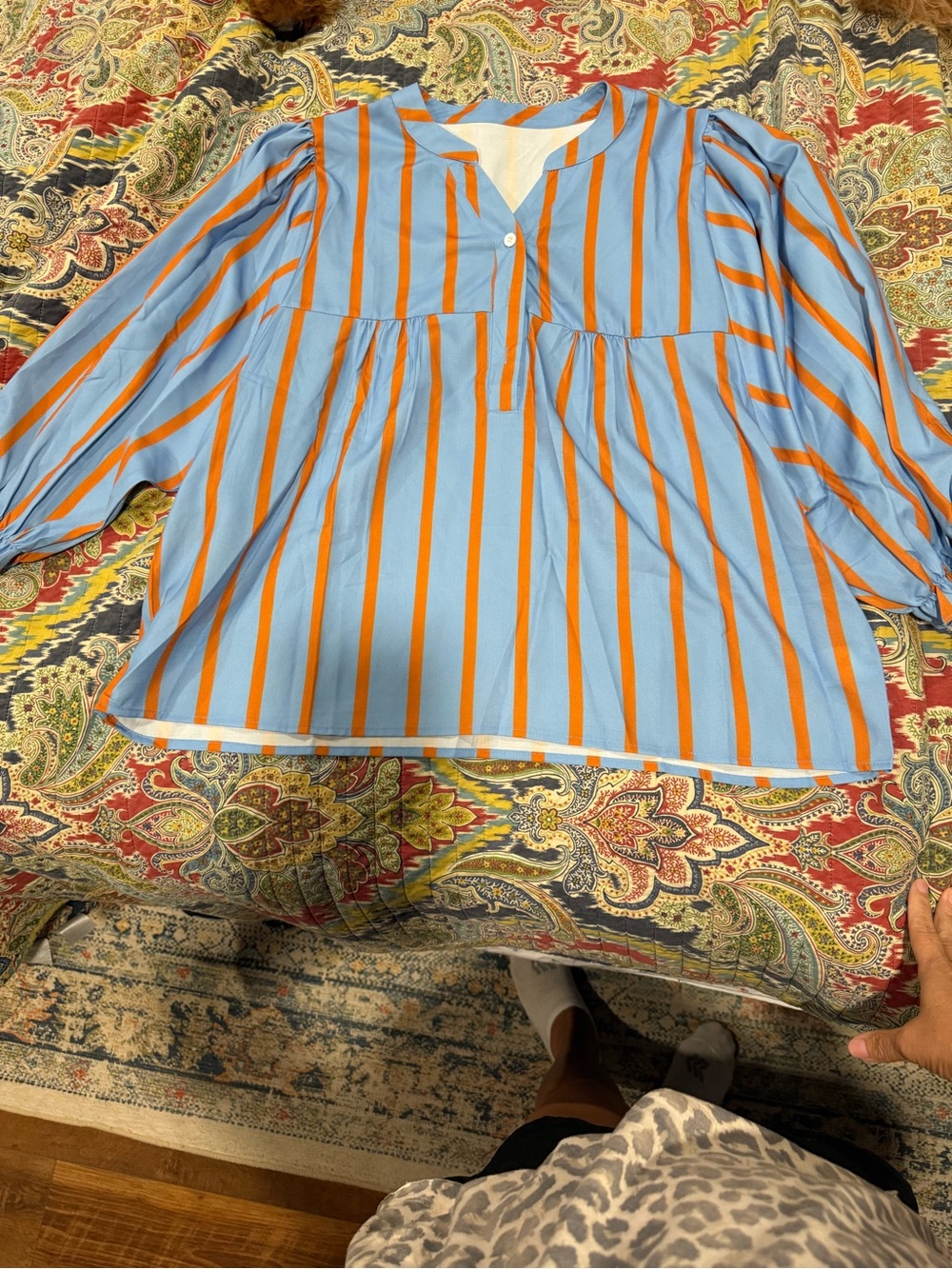 Light Blue Blouse with Orange Vertical Stripes